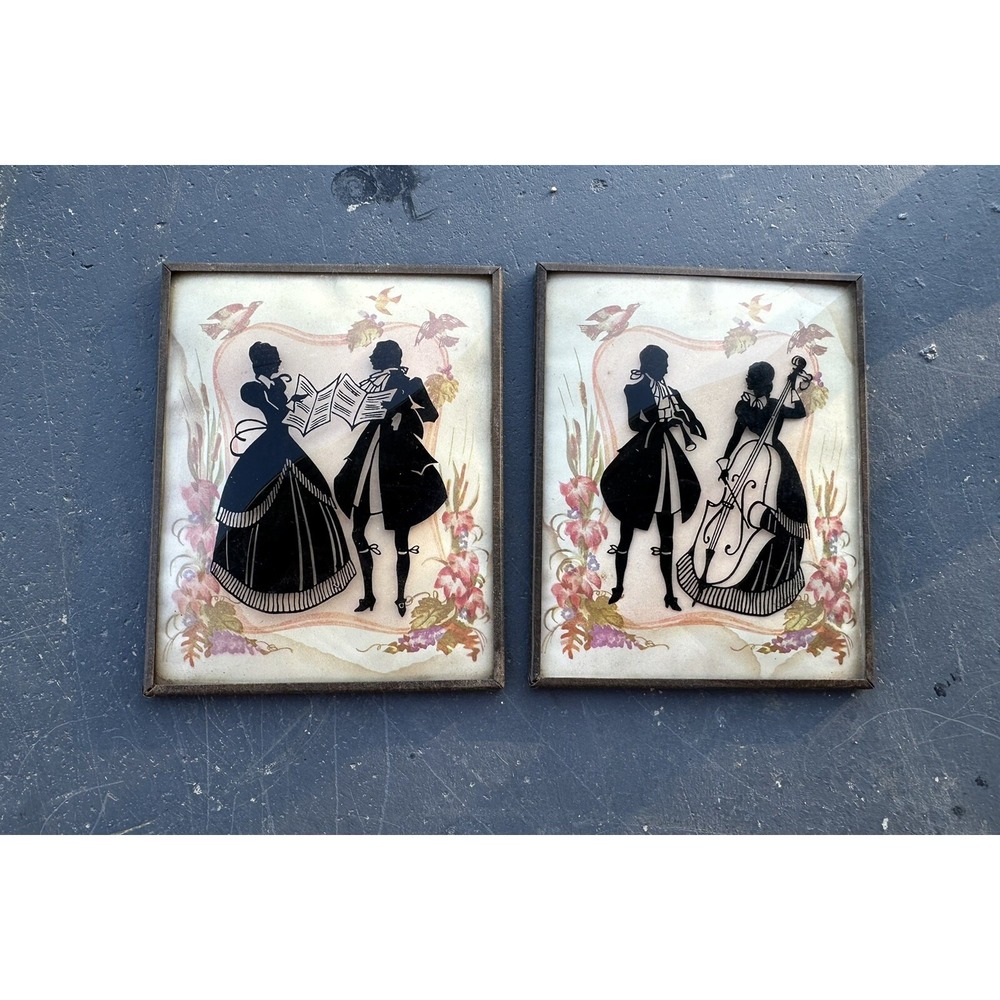2 Vintage Bubble Pictures Convex Glass Reverse Silhouette Couple Musical Romance